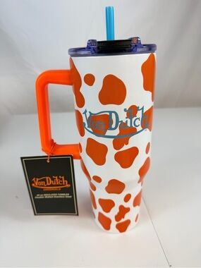 Von Dutch Orange Cowprint 40oz insulated Travel Tumbler NWT Y2K
